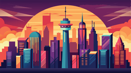 Poster - Vibrant city skyline illustration featuring modern architecture against a colorful sunset background