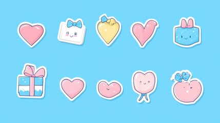 Fototapete - Cute collection of cartoon heart illustrations featuring gifts and smiling faces on a vibrant blue background. Generative AI