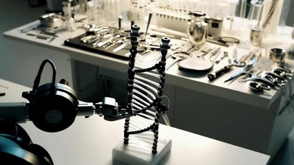 Poster - Modern laboratory equipment including surgical tools, beakers, and test tubes sits on a table as a robotic arm assembles a dna double helix model