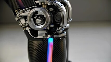 Poster - Robotic leg revealing intricate internal mechanisms, glowing with luminescent details highlighting advanced technological precision and futuristic biomechatronic engineering design
