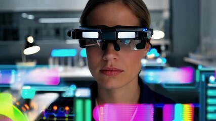 Aufkleber - Innovative medical scientist wearing augmented reality glasses analyzes holographic data in modern laboratory, revolutionizing healthcare with cutting edge technology