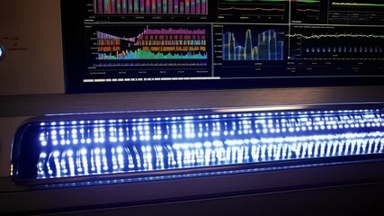 Poster - Complex medical equipment displays changing vital signs data on its screen while a row of leds below produces various lighting effects, possibly indicating different statuses or alerts