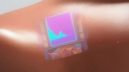 Poster - Innovative medical device displaying dynamic health metrics through advanced microchip patch adhering directly to human skin, representing cutting edge digital health monitoring technology