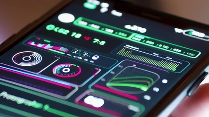 Poster - Futuristic health monitoring app interface displayed on smartphone screen, held by a hand, showing vital signs, progress, and other relevant health data, with changing values and indicators