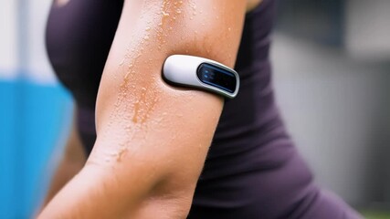 Poster - Woman athlete wearing fitness tracker dripping with sweat while performing high intensity training, showcasing physical effort and technological performance monitoring
