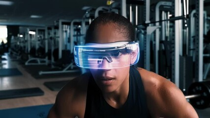Poster - Sweat glistens on an athlete's skin as she pushes through an intense workout, futuristic smart glasses displaying performance data augmenting her training in a modern gym