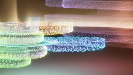 Aufkleber - Luminous, translucent discs, textured with intricate patterns, gradually assemble, forming a colorful, layered structure, possibly representing a microscopic process or a complex data visualization
