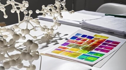 Aufkleber - White molecular models stand on a table alongside stacks of paper and colorful research data printouts, suggesting scientific investigation and analysis