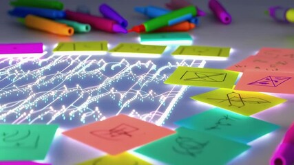 Aufkleber - Colorful sticky notes with medical symbols lie on a table next to markers, illuminated by glowing digital charts depicting vital signs or other health data, suggesting a healthcare strategy session
