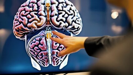 Aufkleber - Experienced medical professional analyzing human brain anatomy, pointing to brain stem region using advanced digital touchscreen technology in clinical setting