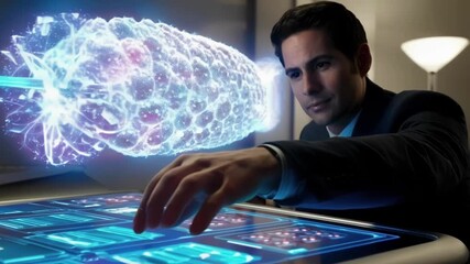 Poster - Medical researcher interacting with holographic projection of advanced drug delivery system, analyzing its components and functionality on interactive display