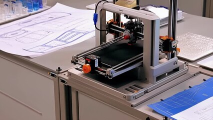 Poster - Modern 3d printer creating a custom medical device or prosthetic in a laboratory setting, with blueprints and materials visible on the workbench