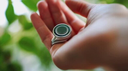 Poster - Woman hand gently holding a smart ring with a rotating bezel, showcasing its innovative design and functionality against a blurred natural background