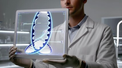 Aufkleber - Medical researcher wearing lab coat and gloves presenting holographic projection of dna structure on transparent digital tablet in modern laboratory