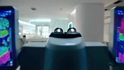 Aufkleber - Laboratory microscope is showing colorful cells on dual monitors in a modern laboratory, with close ups and wide shots of the equipment and the lab environment