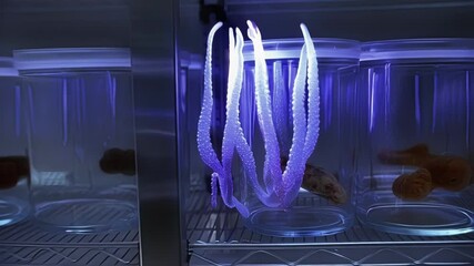 Poster - Glowing sea anemone specimen illuminating under ultraviolet light within scientific research laboratory glass container surrounded by marine biology collections