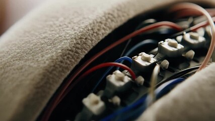 Poster - Close up view of a brain computer interface, showcasing sensors and wires attached to a soft headpiece, possibly measuring brain waves and neural activity for research or medical purposes