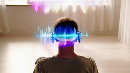 Poster - Young man immersed in music, experiencing vibrant sound waves visualizing from head while sitting in luminous room, embodying creative connection between technology and personal audio enjoyment