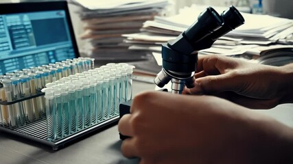 Aufkleber - Laboratory technician adjusts microscope focus, preparing for scientific research with test tubes containing blue liquid samples nearby and a computer displaying data in background
