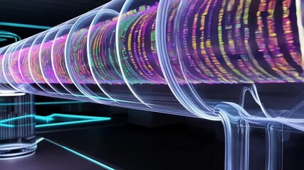 Aufkleber - Complex genetic sequences move through transparent cylindrical structures, suggesting advanced dna research or data processing in a technologically advanced setting