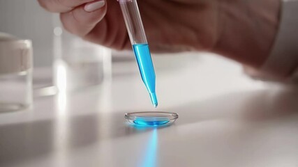 Aufkleber - Scientific researcher wearing white lab coat carefully dripping blue chemical solution onto petri dish while performing precise medical research experiment in sterile laboratory environment