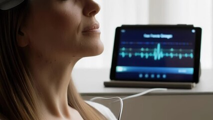 Poster - Woman wearing brainwave entrainment headband relaxes while digital tablet displays brainwave data, promoting mental wellness and relaxation through neurotechnology