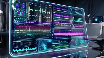 Aufkleber - Complex medical data streams across a sleek, futuristic monitor, illuminating a dark, high tech operating room with vibrant colors, suggesting advanced healthcare technology