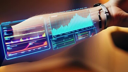 Fototapete - Futuristic technology displays health information via hologram interface projected onto a man's arm, showcasing real time data tracking and analysis