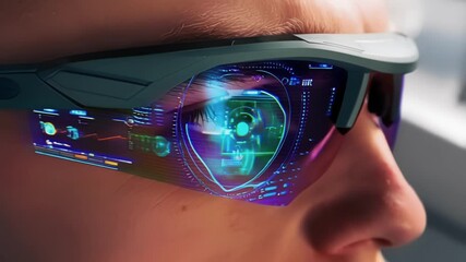 Poster - Close up of a doctor wearing augmented reality glasses, displaying medical data and information, showcasing advanced technology in healthcare