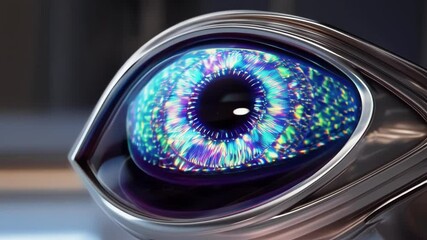 Aufkleber - Bionic eye with metallic structure and colorful iris, changing its appearance, revealing a progressive healing or repair, isolated on a white background