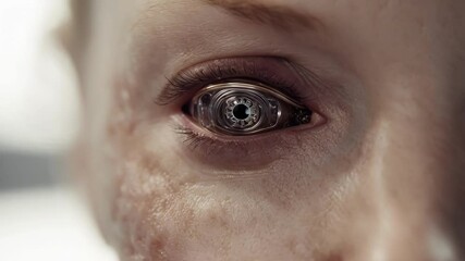 Poster - Close up montage showcasing the transformation of a human eye with a bionic implant, enhancing visual capabilities and merging technology with biology
