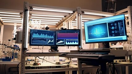 Poster - Several computer monitors display various graphs and charts, suggesting ongoing data analysis within a modern medical research laboratory setting