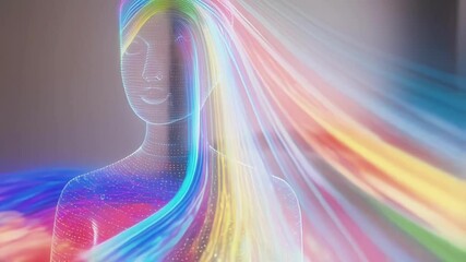 Aufkleber - Wireframe female silhouette pulsing with vibrant, rainbow colored energy lines, visualizing inner wellness, emotional connectivity, and dynamic human potential through futuristic digital animation