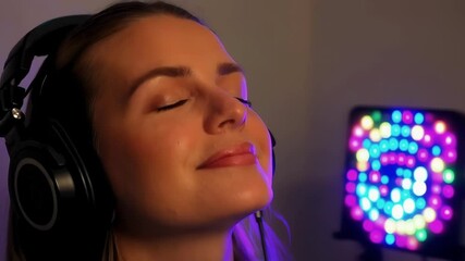 Aufkleber - Young woman wearing headphones listening to music with her eyes closed, illuminated by a colorful led panel light, experiencing a moment of relaxation and enjoyment