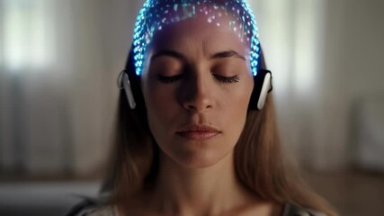 Aufkleber - Brain waves activity visualized during a neurofeedback session with a woman wearing a brainwave scanning headset and headphones, eyes closed