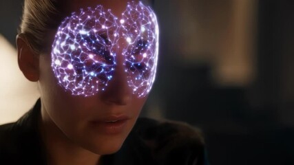 Poster - Futuristic medical interface projects glowing brain activity map onto a woman's face, visualizing neural network and cognitive processes in a dark environment
