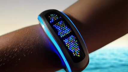 Poster - Colorful electronic wristband displaying dynamic data, glowing on person's arm against vibrant ocean sunset backdrop, highlighting innovation in wearable technology and digital health monitoring