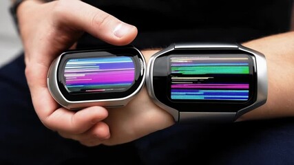 Poster - Close up of a patient presenting two medical wristbands, potentially showcasing a malfunction or data transmission error, indicated by colorful glitch effects on their displays