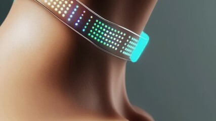 Poster - Futuristic transparent display necklace changing colors is worn by a woman, showcasing potential applications in fashion, technology, and health
