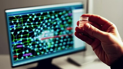 Aufkleber - Scientific research involves analyzing network data on a computer screen while holding a medical sample, suggesting a connection between the displayed information and the sample's properties