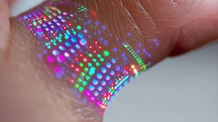 Poster - Electronic tattoo is displaying medical information, including heart rate, blood pressure, and oxygen saturation, on a finger, showcasing future healthcare technology