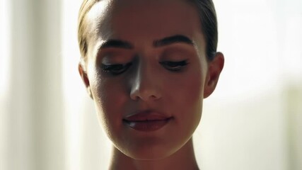 Aufkleber - Serene woman enjoying peaceful moment, breathing deeply with closed eyes, radiating inner calm and natural beauty through gentle, mindful expression