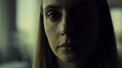 Aufkleber - Dimly lit female portrait revealing profound emotional depth, half shadowed face expressing inner turmoil through nuanced facial features and pensive gaze
