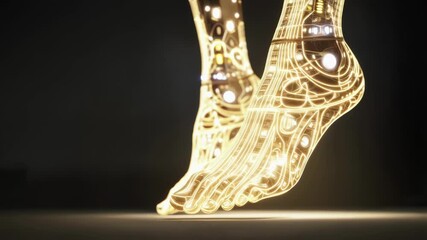 Aufkleber - Futuristic robotic feet, highlighted with golden circuits, are stepping forward on a dark surface, showcasing advanced technology and innovative design