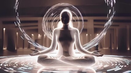 Aufkleber - Luminous energy expanding around woman sitting in lotus position, creating ethereal glow representing deep meditative state and inner tranquility within peaceful environment