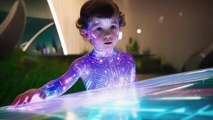 Fototapete - Curious child explores an interactive holographic display, revealing intricate visualizations of health information in a futuristic setting