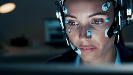Poster - Neuroscience professional wearing electroencephalography headset analyzing complex brainwave data on computer screen within advanced medical research laboratory during late evening hours