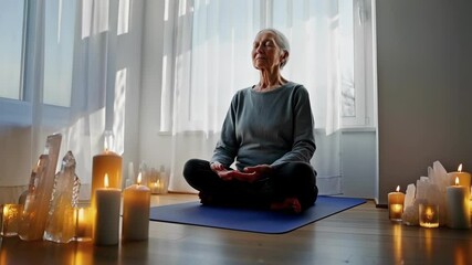 Aufkleber - Peaceful elderly woman practicing meditation in a serene room, sitting in lotus position on a yoga mat, surrounded by lit candles and crystals, promoting relaxation and mindfulness
