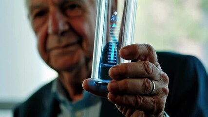Poster - Elderly man presenting a portable medical device with a transparent tube and an increasing blue liquid, indicating a potential health improvement or diagnosis