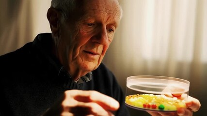 Poster - Elderly scientist carefully examines and sorts colorful pills arranged in a petri dish, possibly conducting pharmaceutical research or quality control